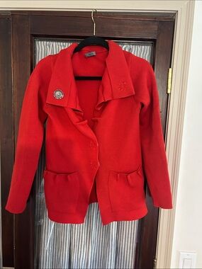 Women's Red Extrafine Merino Wool Knit Blazer with Decorative Accent